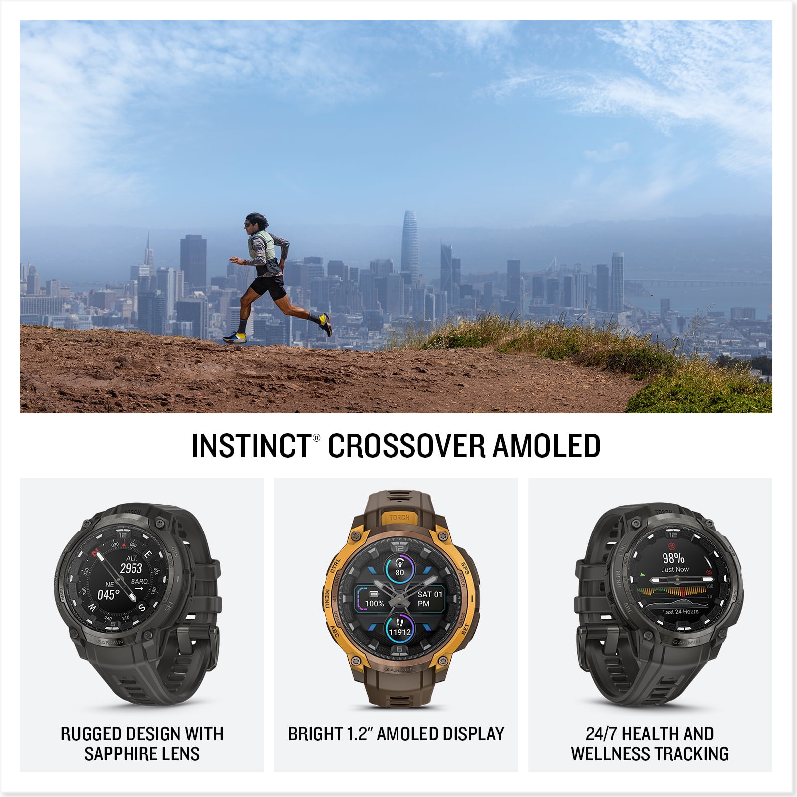 Garmin Instinct Crossover AMOLED, Rugged Hybrid GPS Smartwatch with Analog Watch Hands and Bright AMOLED Display, Charcoal with Charcoal Silicone Band