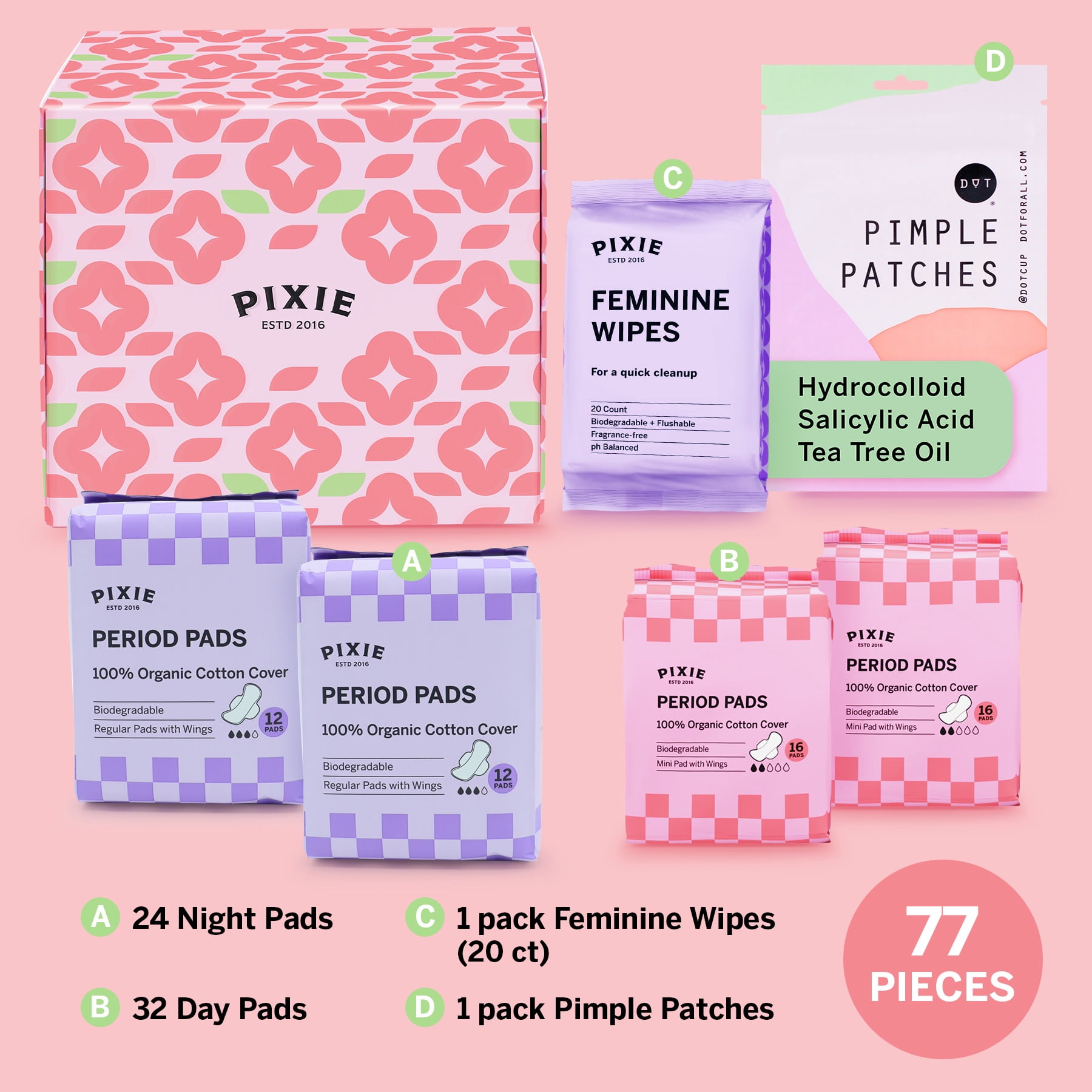 Pixie Organic Cotton Pad Kit for Girls - Includes 32ct Mini & 24ct Regular Pads with Feminine Wipes - Leak-Proof with Wings - Feminine Essentials Refill - Perfect for Teens & Light to Average Flow