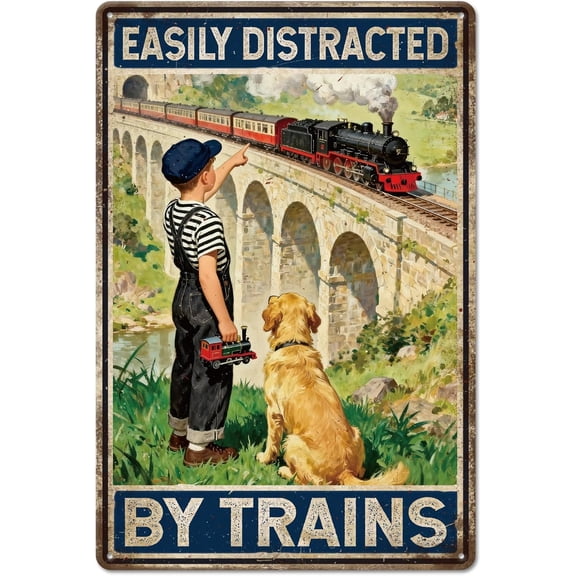 Funny Train Lover Metal Tin Sign Easily Distracted by Trains Vintage Wall Plaque 8 x 12 Inch for Living Room Bedroom Office Garage Workshop