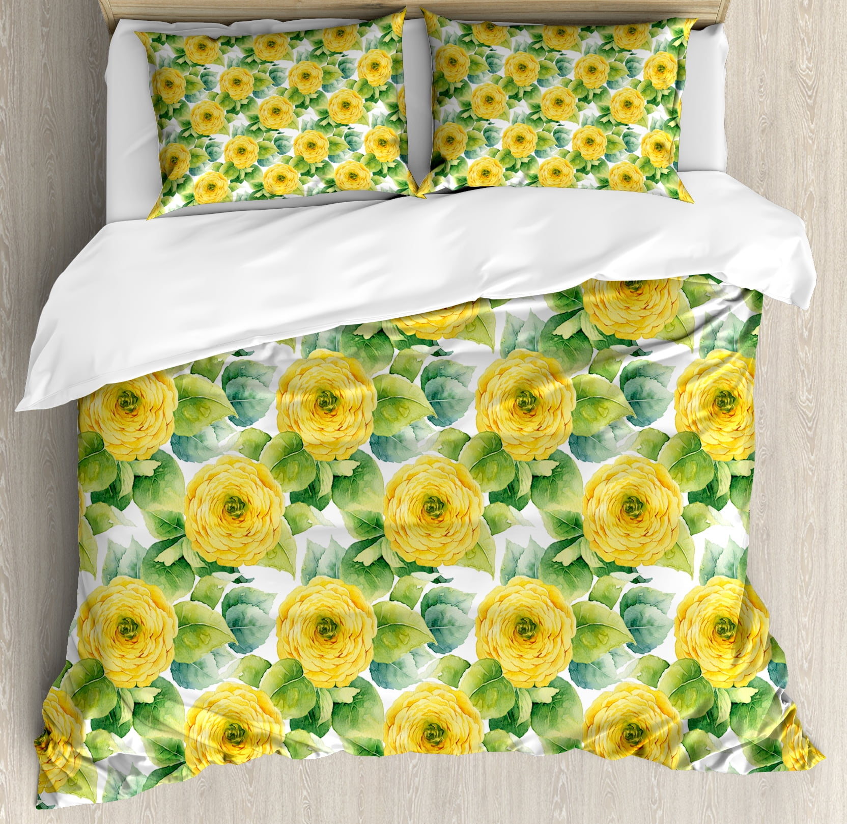 Yellow Flower Queen Size Duvet Cover Set, Blooming Ranunculus Gardening