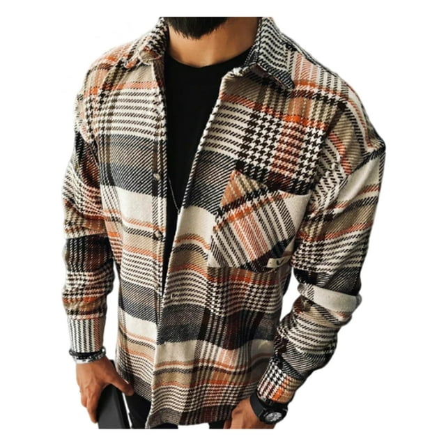Chaqueta tipo camisa de franela a cuadros para hombre Camisa a cuadros de manga larga Tops casuales cómodos con botones