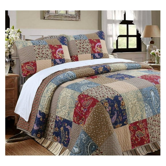 Red Patchwork Quilt Bedding Set (Red Navy, Queen)