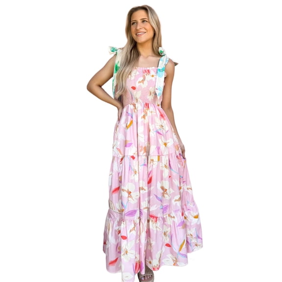 Women's Pink Floral Print Knotted Shoulder Smocked Maxi Dress for Summer | [ZhiHiMeRi] | (US 12-14)L