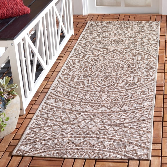 SAFAVIEH Courtyard Josiah Floral Medallion Indoor/Outdoor Runner, 2'3" x 8', Light Beige/Light Brown