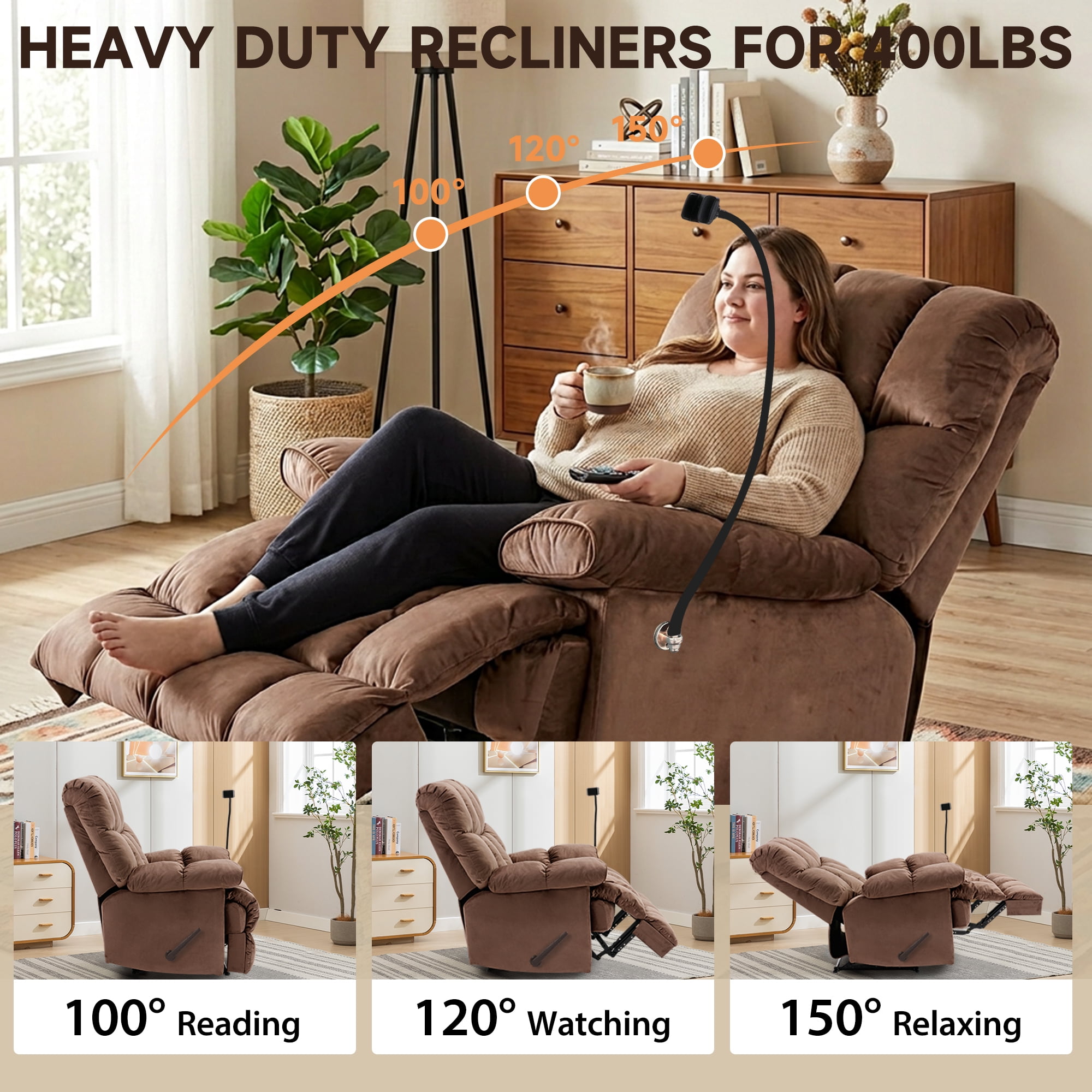 2 Pcs Brown Overstuffed Lounge Chair with Footrest and Phone Holder Extra Large Recliner Chair, Manual Reclining Lounge Chair with Footrest, Comfortable Living Room Accent Recliner