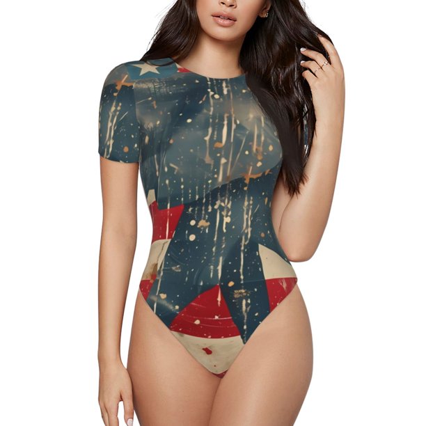 Balery Vintage American Flag Elephant Body de cuello redondo de manga corta para mujer Tops de manga corta Tops básicos-XX-Large