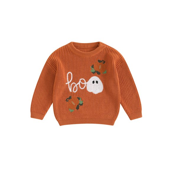 Cjfdfy Toddler Baby Boy Girl Halloween Outfit Fall Winter Knit Sweaters Ghost Pumpkin Letter Long Sleeve Round Neck Ribbed Knitted Sweater Pullover Tops