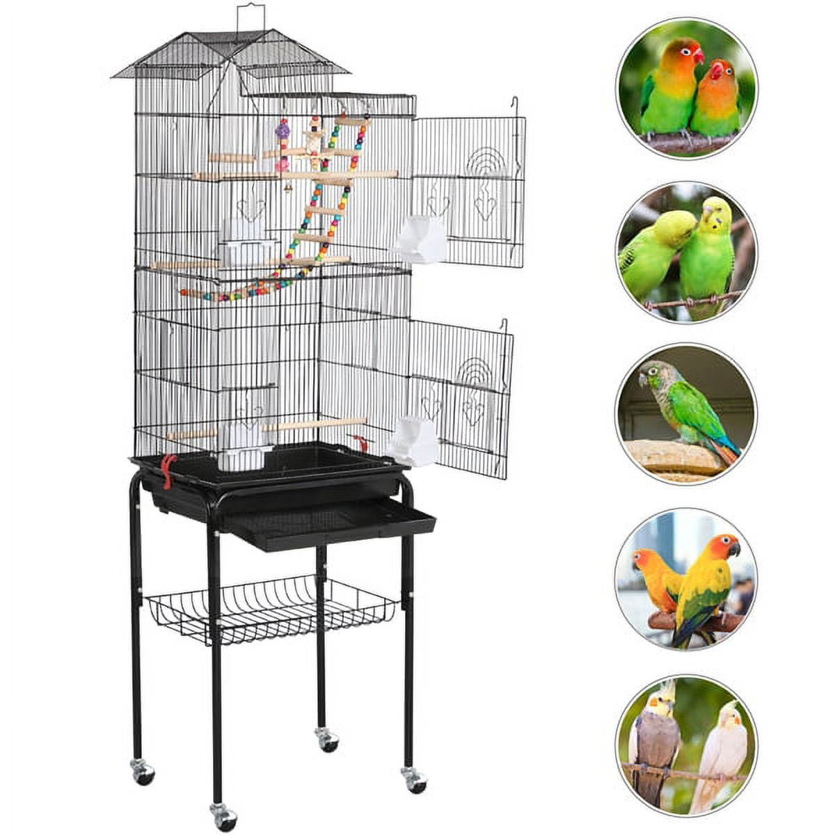 Alden Design 62.4"H Metal Rolling Mid-Size Bird Cage with Detachable Stand, Black