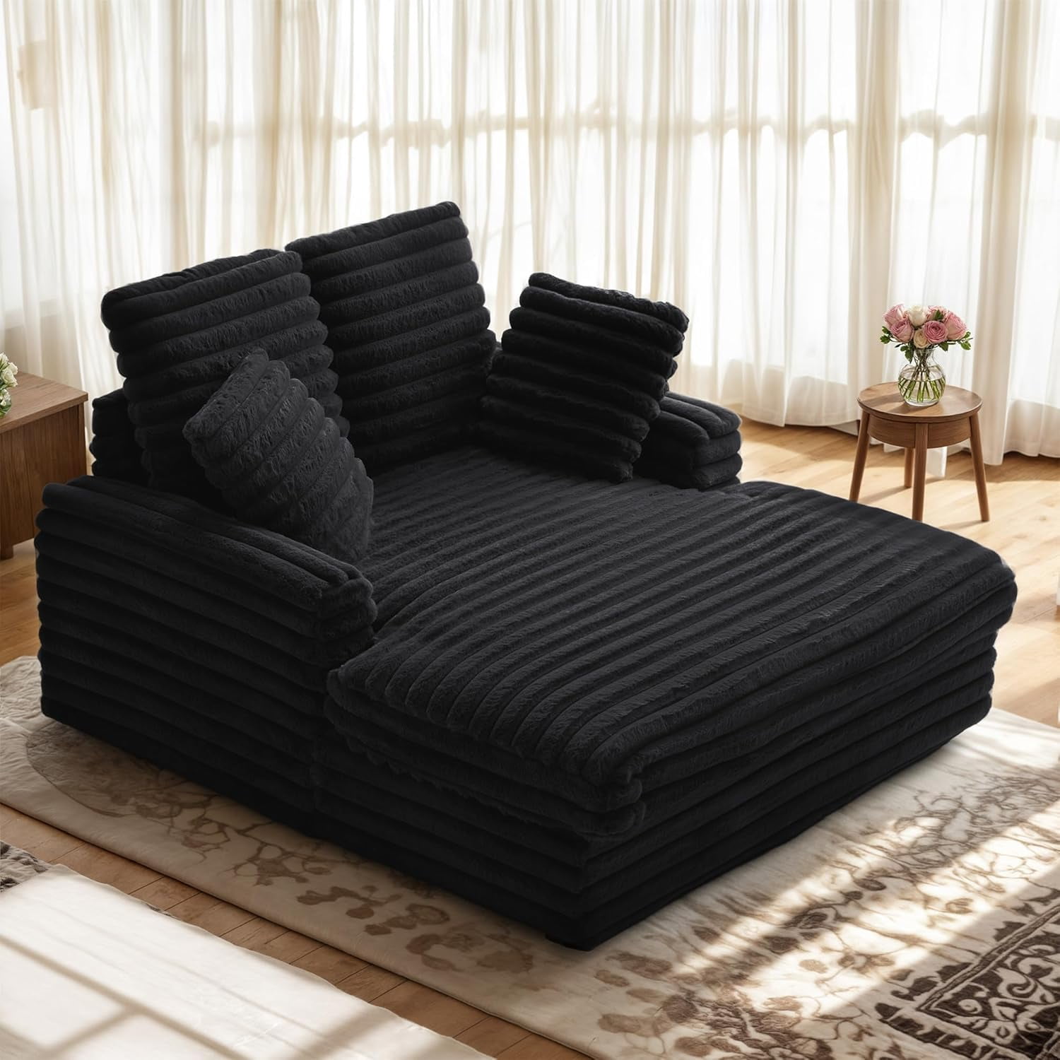 Gelloan Oversized Chaise Lounge Chair Indoor, Upholstered Sofa Bed with Throw Pillows and Armrests, Sleeper Chair for Living Room, Bedroom,Black