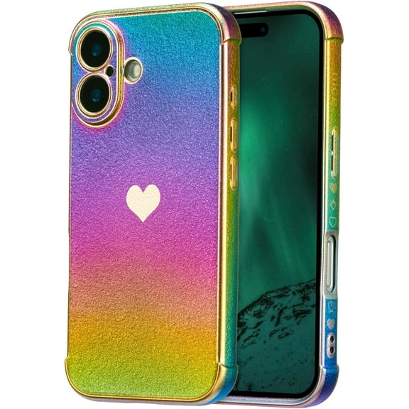 MYKOMI for iPhone 16 Plus Case 6.7 inch,Cute Colorful Iridescent Plating Edge Case with Love Hearts Pattern,Camera Lens Protection Shockproof Phone Case for Women Girls