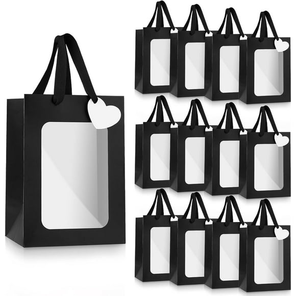 EcoNesxp x 12pcs Black Kraft Paper Gift Bags with Window inch Transparent Window Gift Bags Black Kraft Paper Gift Bags with Window