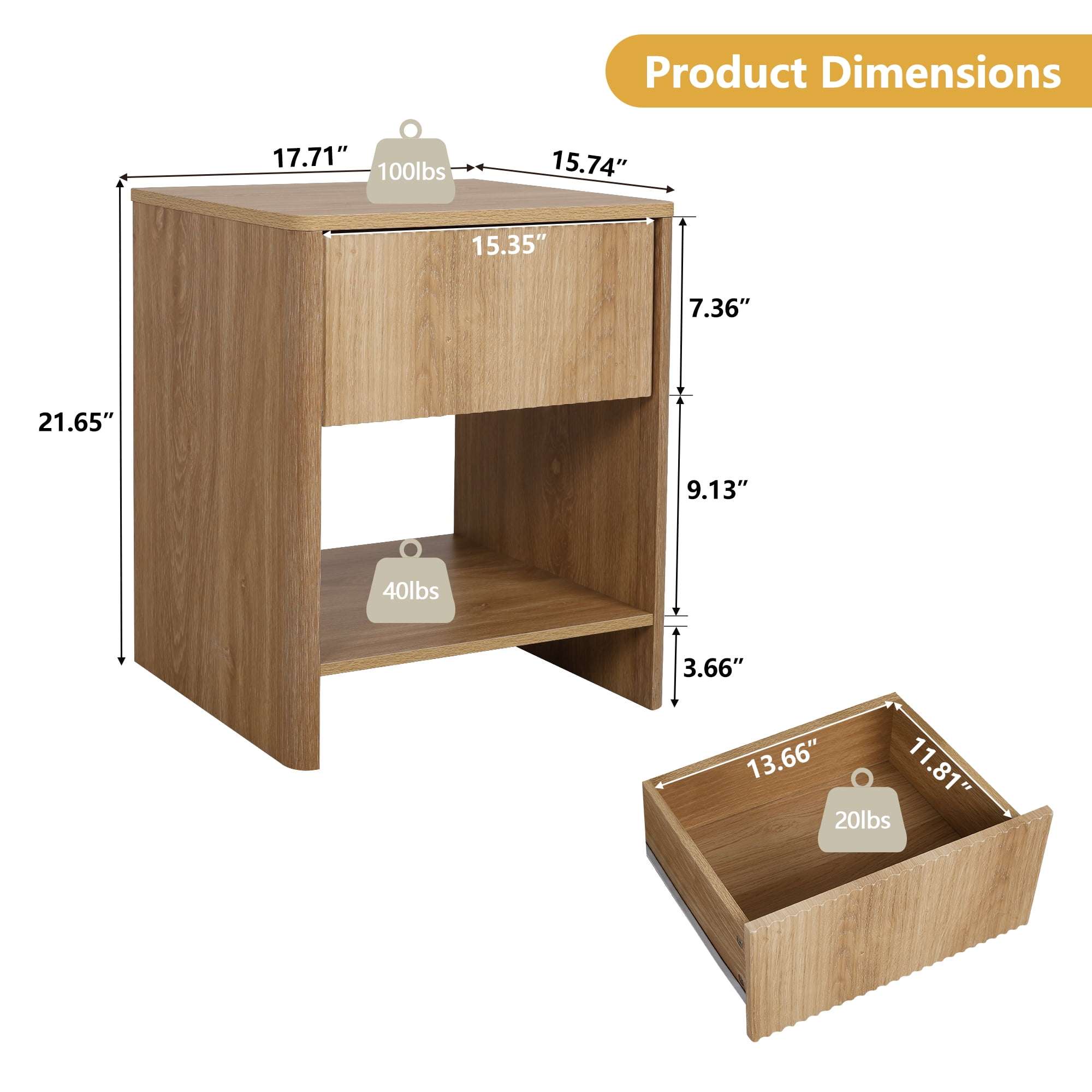 Weselon Modern Fluted Nightstand Set of 2, Curved Side Bedside Table with Drawer and Open Shelf for Bedroom, Natural Oak