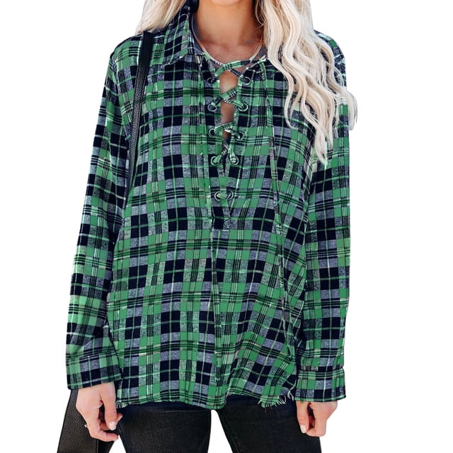 Blusa Cuello vuelto Tapeta Cordón delantero Casual Rejilla suelta Tops para mujer Verde XL
