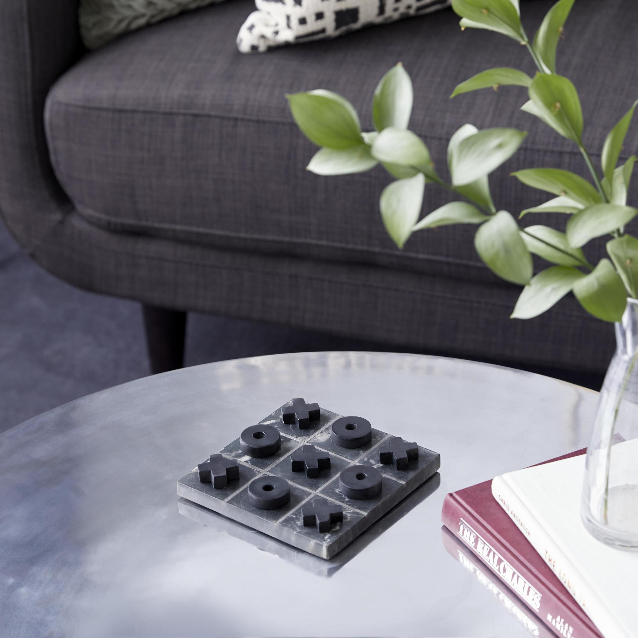 DecMode 6" x 1" Black Marble Tic Tac Toe Game Set with Silver Metal Accents, 1-Piece