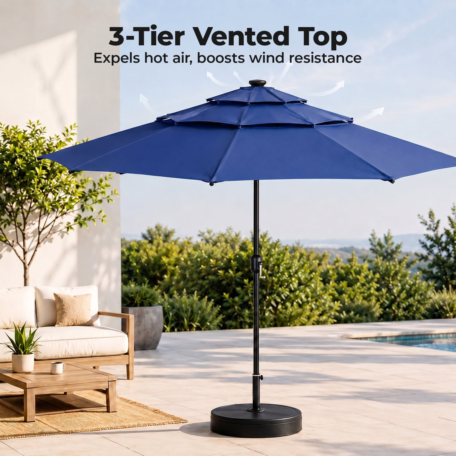 Alvantor 10Ft Solar Patio Umbrella with 32 LED Lights, 3-Tier Vented Outdoor Table Umbrella with Push Button Tilt and Crank, UPF 50+ UV Protection