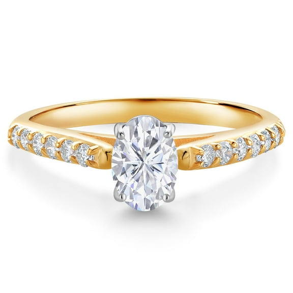 Gem Stone King 10K Two Tone Gold White Moissanite and White Lab Grown Diamond Engagement Ring for Women (1.08 Cttw, Oval 7X5MM, Size 6)