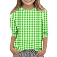 thumbnail image 2 of Girls Striped Print 3/4 Sleeve Shirts Summer Trendy Casual Tshirts Loose Fit Lightweight Crewneck Tee Soft Comfy Tops Green 110, 2 of 5