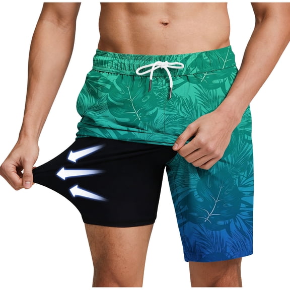 Erwazi Mens Swim Trunks Printed Drawstring Waist Layer Lining Breathable Quick Dry Practical Summer Swimwear Shorts with Pocket