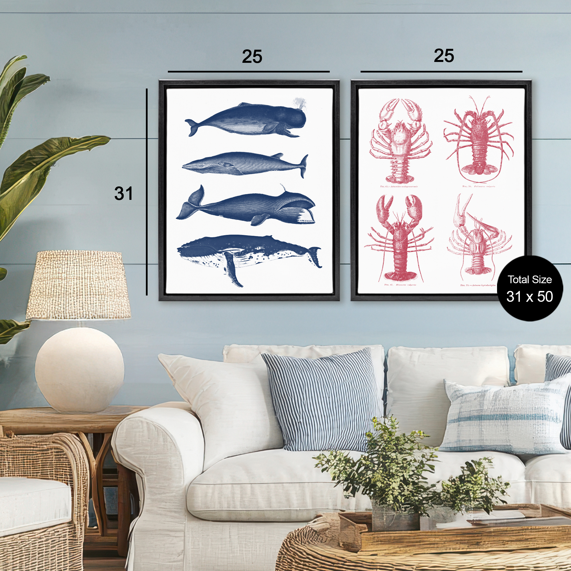 Marine Whales & Lobsters 2 Piece Black Framed Floater Canvas Set, design by Lettered and Lined