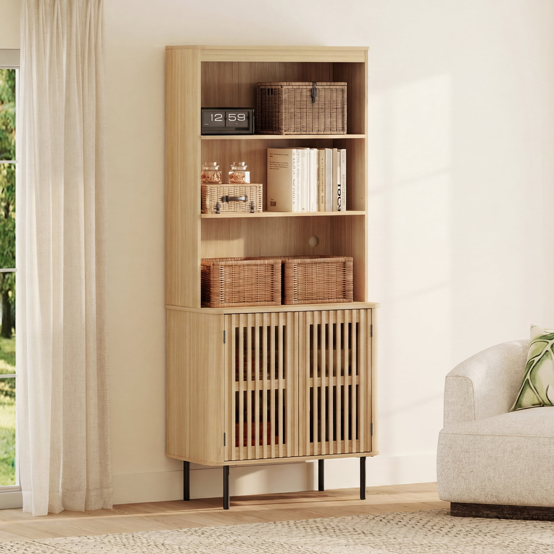 3-in-1 Kitchen Pantry Cabinet 72.8" Tall, Fluted Doors, Adjustable Shelves, Cable Mgmt, Metal Legs, Coffee Bar Storage for Dining Room, Oak