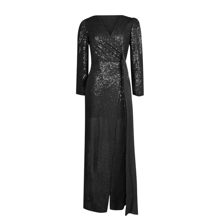 knee length dresses for ladies Geo Sequin Long Sleeve Maxi Dress - Black main image 0