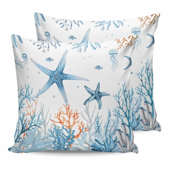14x14 Pillow Covers Set of 2, Blue Starfish Coastal Throw Pillow Covers Decorative Couch Cushion Case, Summer Ocean Nautical Coral Jellyfish Microfiber Square Pillowcases for Bedroom Car Living Room