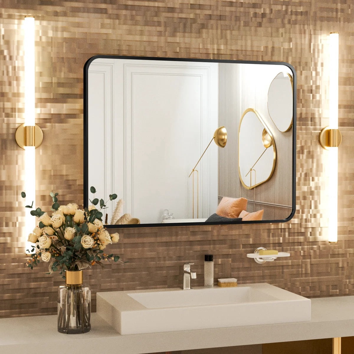 Mirstory 26.1"x 38.2" Wall Mirror Bathroom Vanity Mirror Rounded Corner With Aluminum Alloy Frame,Black