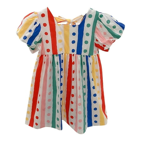 

ZRBYWB Girl s Clothes Back Hollow Out Lace Up Skirt Colorful Polka Dot Striped Bubble Sleeve Dress Casual Everyday Going Out Cute Summer Clothes
