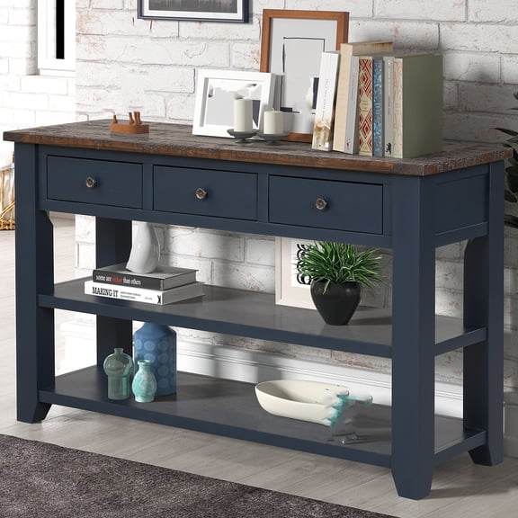 Nmkwnr 3 Drawers Console Table with and 2 Shelves, 48" Wood Entryway Sofa Table for Living Room, Navy Blue
