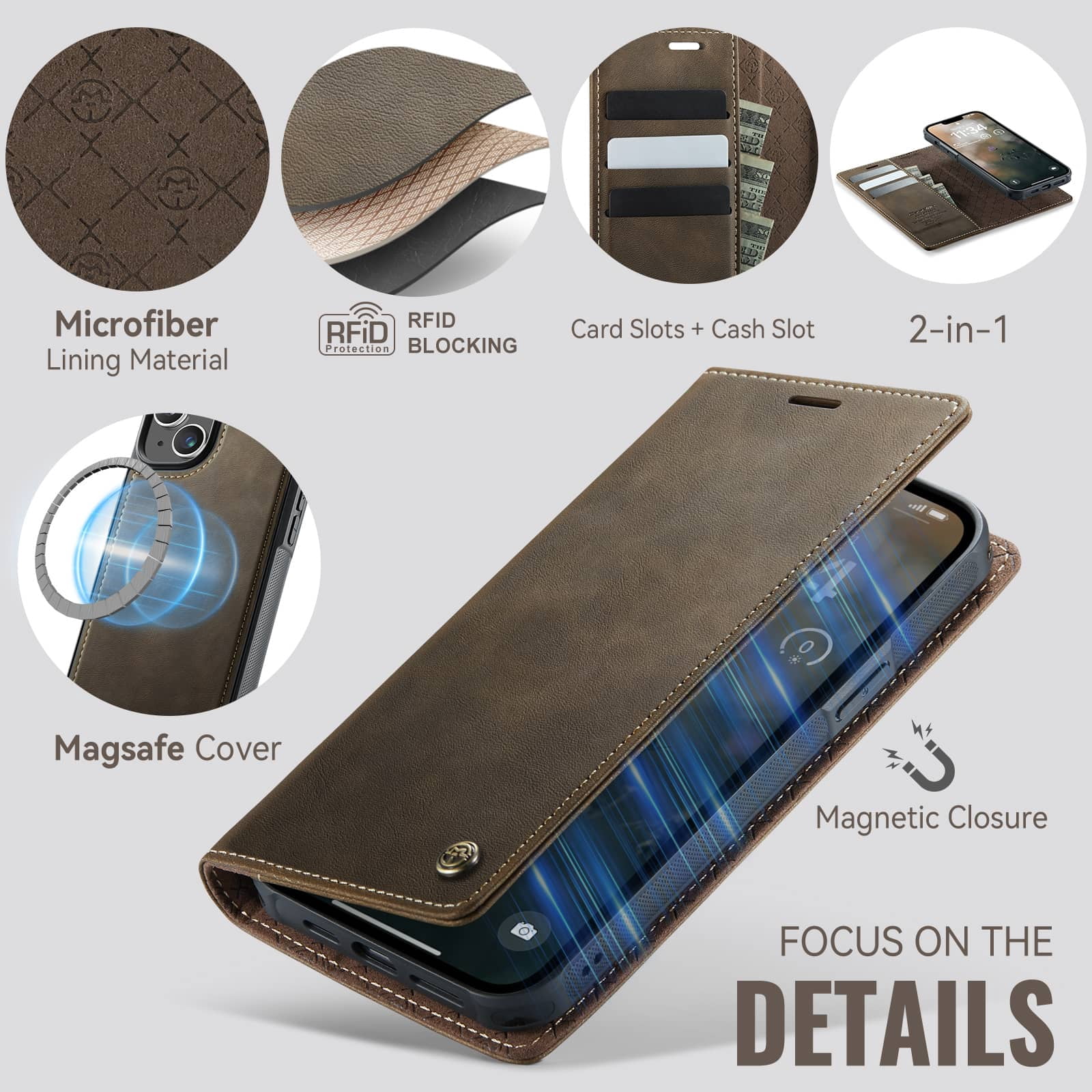 Magnetic 2 in 1 Magsafe Detachable Wallet Case for iPhone 14 with Card Holder Women Men, Retro PU Leather【RFID Blocking】Kickstand Shockproof Cover