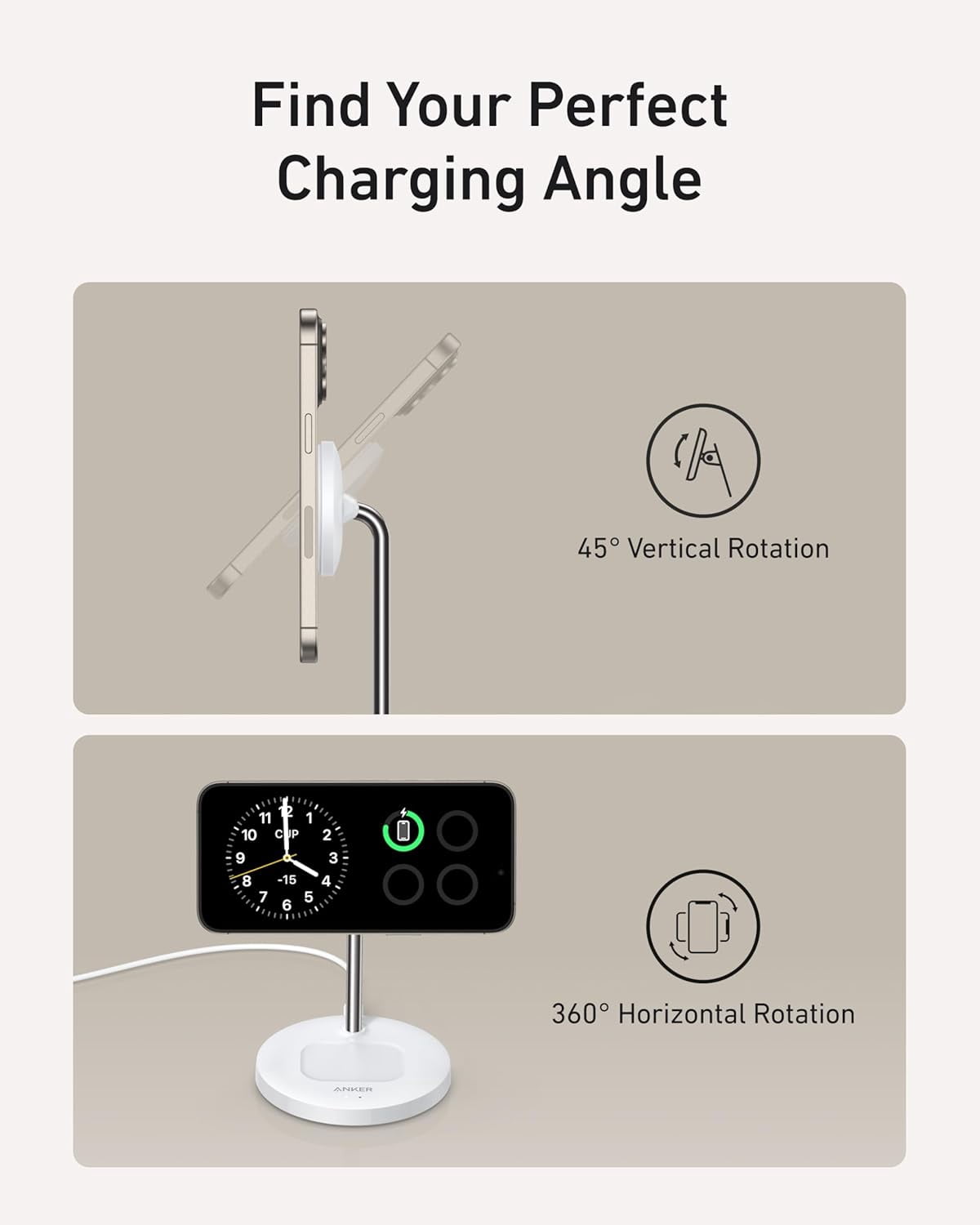 Anker MagSafe Compatible MagGo Charger Stand, 2-in-1 Wireless Charging Station, Qi2 Certified 15W Max Charging, Compatible for iPhone 17/16/15/14/13/12, AirPods Pro (White, with 40W Adapter)