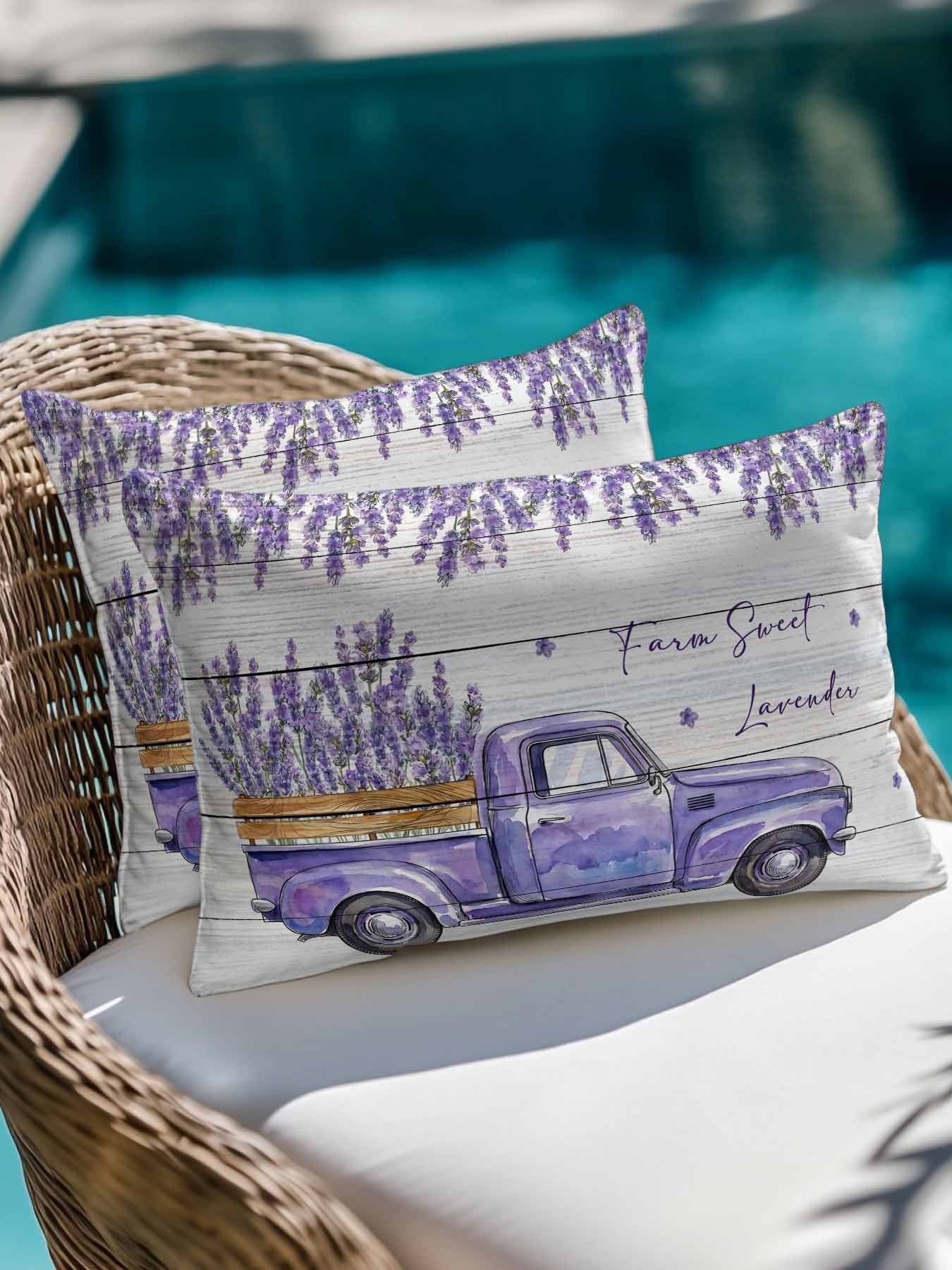 1 Pack Outdoor Throw Pillow, Purple Floral Waterproof Pillow with Insert Included, Spring Farmhouse Lavender Truck Wooden Gray Decorative Accent Cushion Lumbar Pillows for Patio Porch, 12 x 20 In
