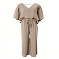 thumbnail image 3 of [Casual Pants Suit] Casual Solid Color Women's Pants Suit | Half Sleeve V-Neck Top And Wide Leg Pants Clothing, 3 of 3