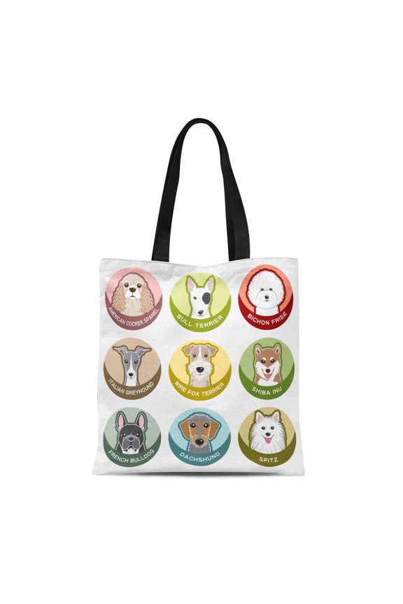 Canvas Tote Bag Frise Dog Nameplate Bichon Greyhound Cocker Spaniel Italian Inu Reusable Shoulder Grocery Shopping Bags Handbag