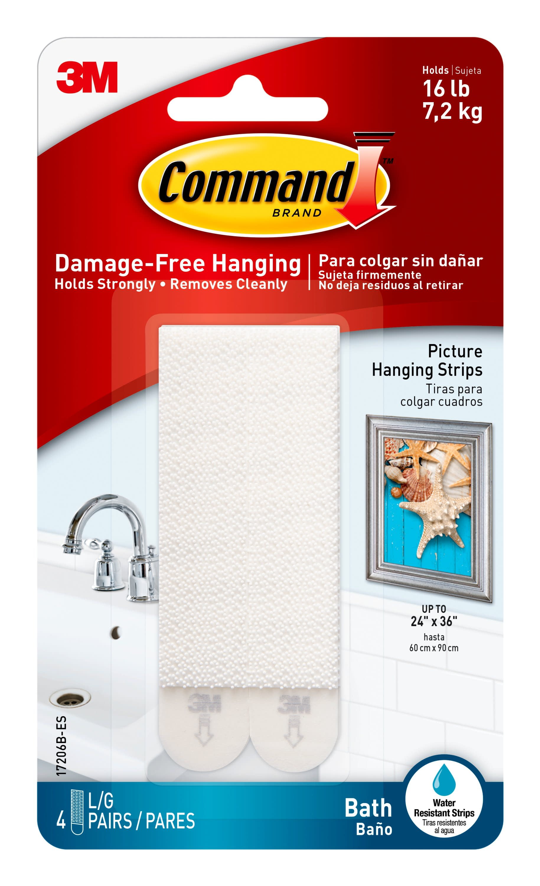 Command Bath Picture Hanging Strips, Large, White, 4 Water Resistant Pairs, Bathroom Decor
