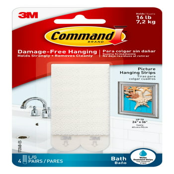 Command Bath Picture Hanging Strips, Large, White, 4 Water Resistant Pairs