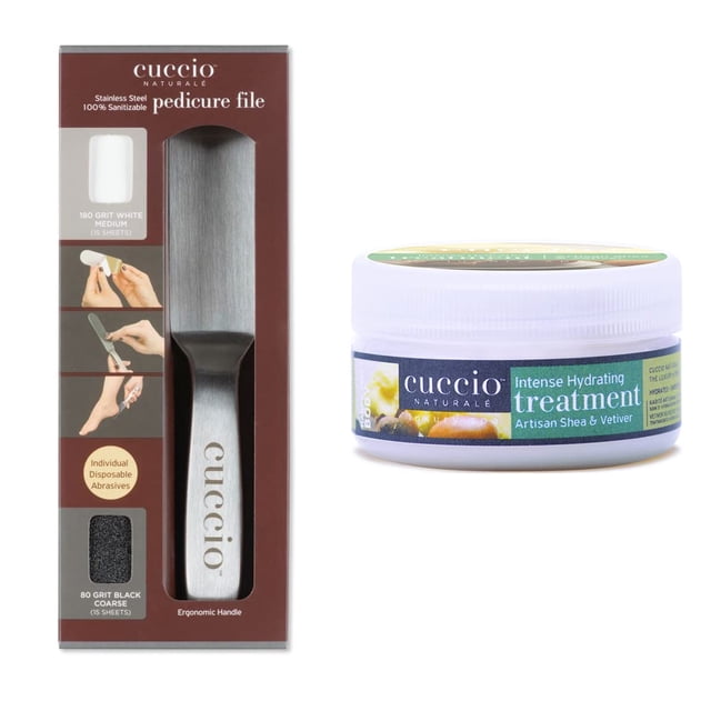 Lima de pedicura profesional de acero inoxidable Cuccio con loción hidratante intensa de karité artesanal, juego de 2 piezas de 8 oz