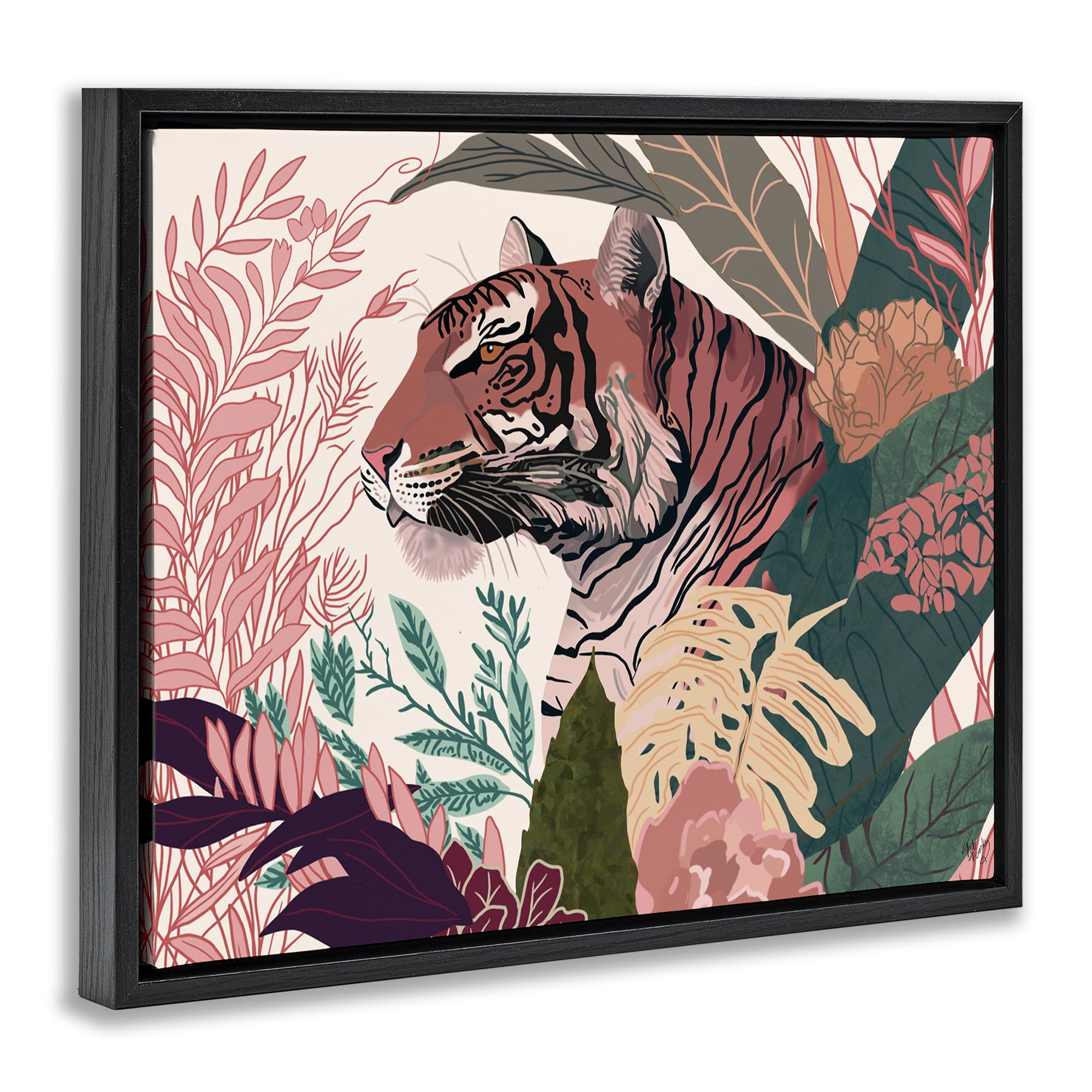 Stupell Industries Tiger Peeking from Leaves Animals & Insects Painting Black Floater Framed Canvas Art Print Wall Art, 31 x 25