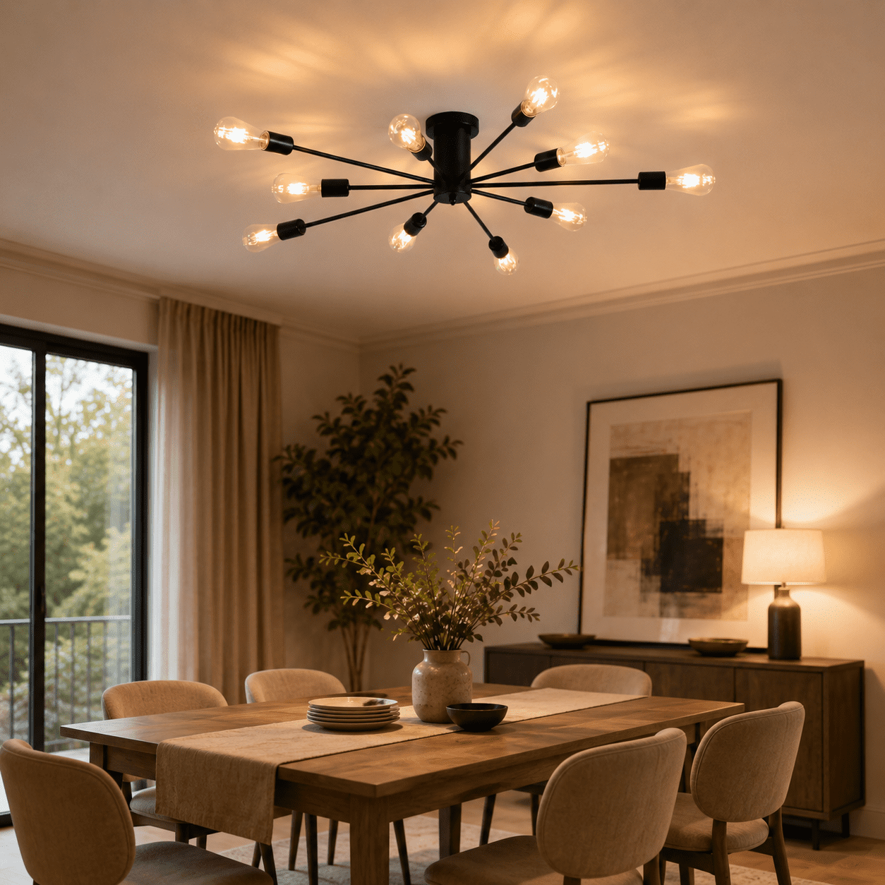 Garwarm 10-Light Black Sputnik Chandelier, Modern Semi Flush Mount Ceiling Light, Industrial Ceiling Lighting Fixture for Dining Room, Living Room, Bedroom, Kitchen, Foyer