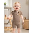 thumbnail image 4 of BemeyourBBs Newborn Baby Boy Girl Football Outfit Striped Rugby Romper Button Down Collared Short Sleeve Jumpsuit Fall Winter Clothes Coming Home Outfit, 4 of 9