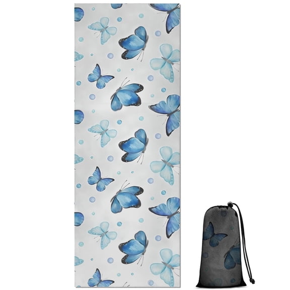 Blue Butterfly Pattern Hot Yoga Mat Towel Non Slip for Hot Yoga - Quick-Drying Yoga Mat Cover with 4 Corner Pockets with Travel Bag - Hot Yoga Towel Non Slip Grip Moisture Wicking Sweat 70"x26"