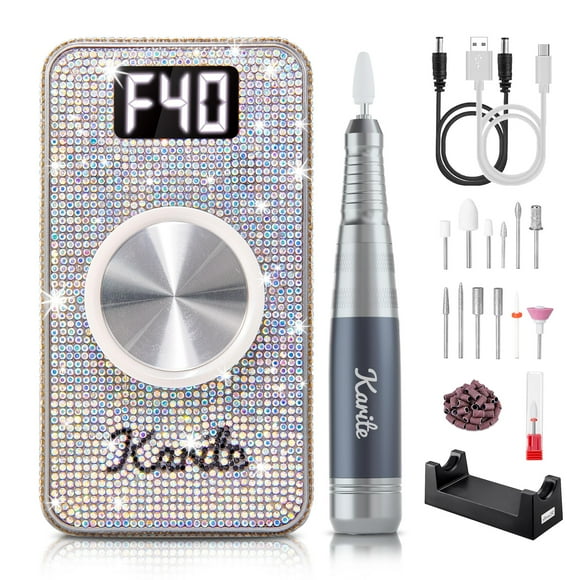 Karite Professional Nail Drill Machine for Acrylic Nails, 35000 RPM Electric Nail File with 13 Bits, 30 Sanding Bands – USB Rechargeable, Portable Ele