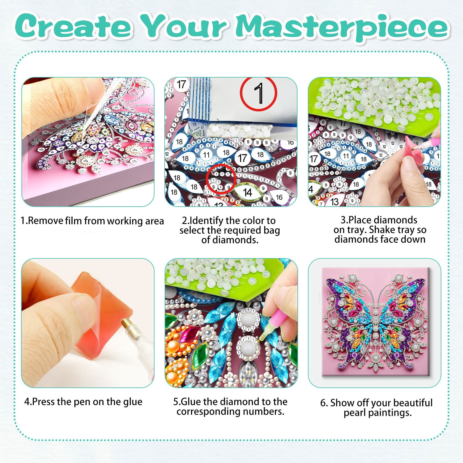 FLOPESN DIY Pearl Painting Kit with Wood Frame, 11.42x11.42 Inch Home Wall Art Decor, Mindful Adult Craft for Stress Relief and Relaxation-Butterfly-1
