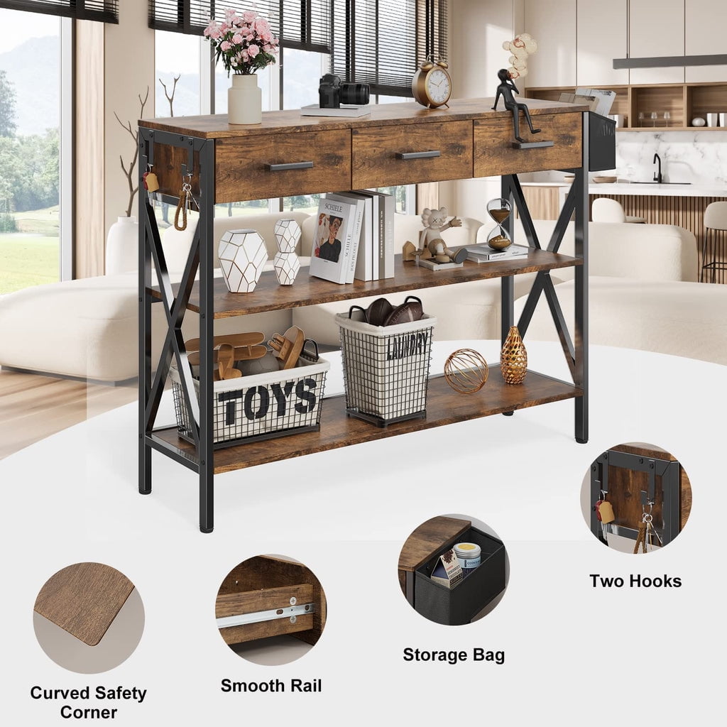 Aiho 47 "L Console Table  with Drawers, Entryway Table with Storage Shelves, Sofa Table for Living Room, Entryway - Rustic Brown