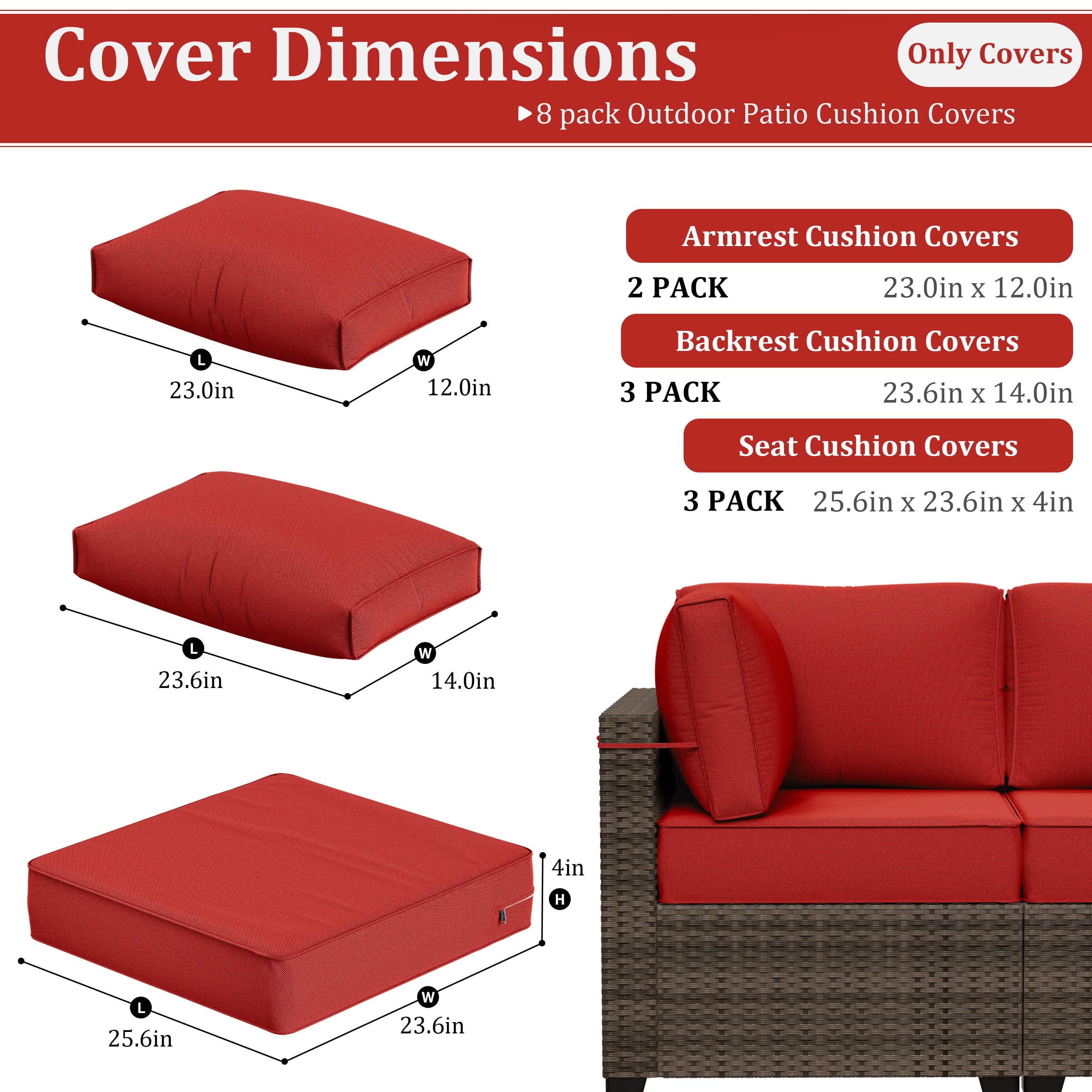 Snubbull 8 Pcs 25.6" x 23.6" Cushion Covers for Patio Furniture, Outdoor Waterproof Cushion Slipcovers Replacement with Zipper, Red