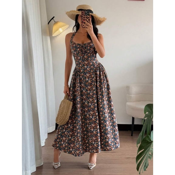 Elegant A-Line V-Neck Cinched Waist Flared Hem Floral Print Long Dress In Multicolor
