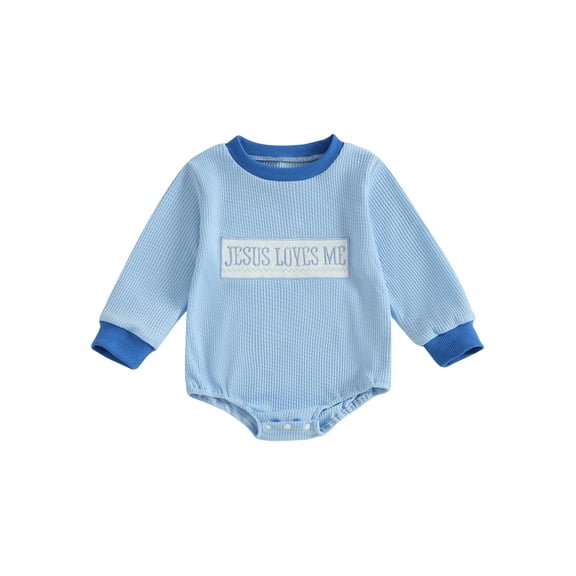 Qmyliery Baby Boys Autumn Bubble Jumpsuit Long Sleeve Round Neck Jesus Letter Embroidery Sweatshirt Romper