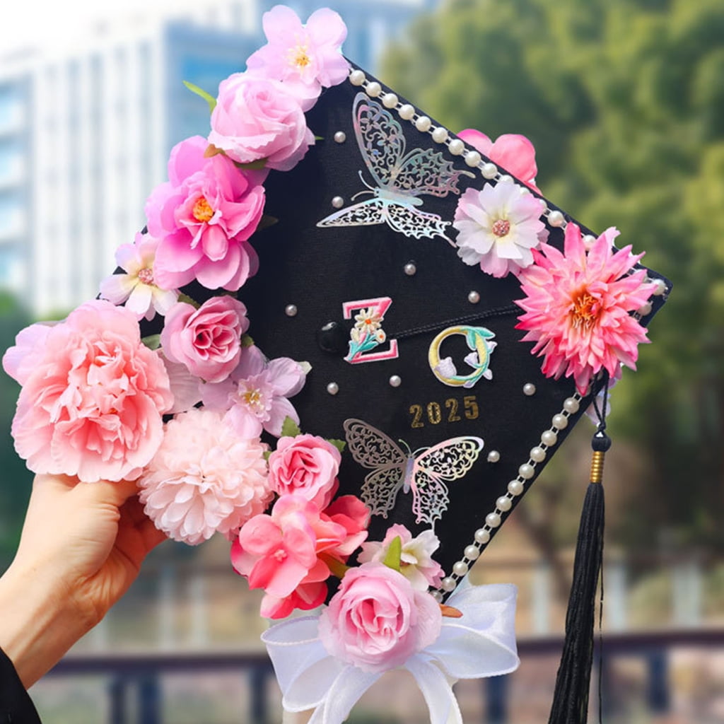 Graduation Hat Embellishment Set With Artificial Flower Butterfly Sticker Pearls