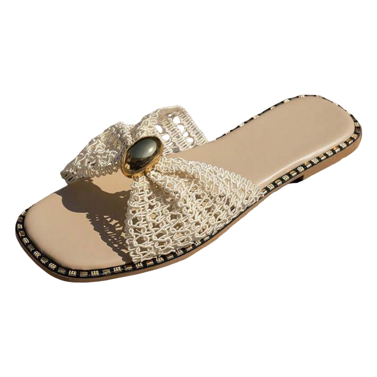 Rokment Flat Slip on Slides Sandals for Women Ladies 2026 Trendy Casual Bow Crochet Open Tow Low Heels Mules Summer Dress Slippers Vacation Beige Size 6