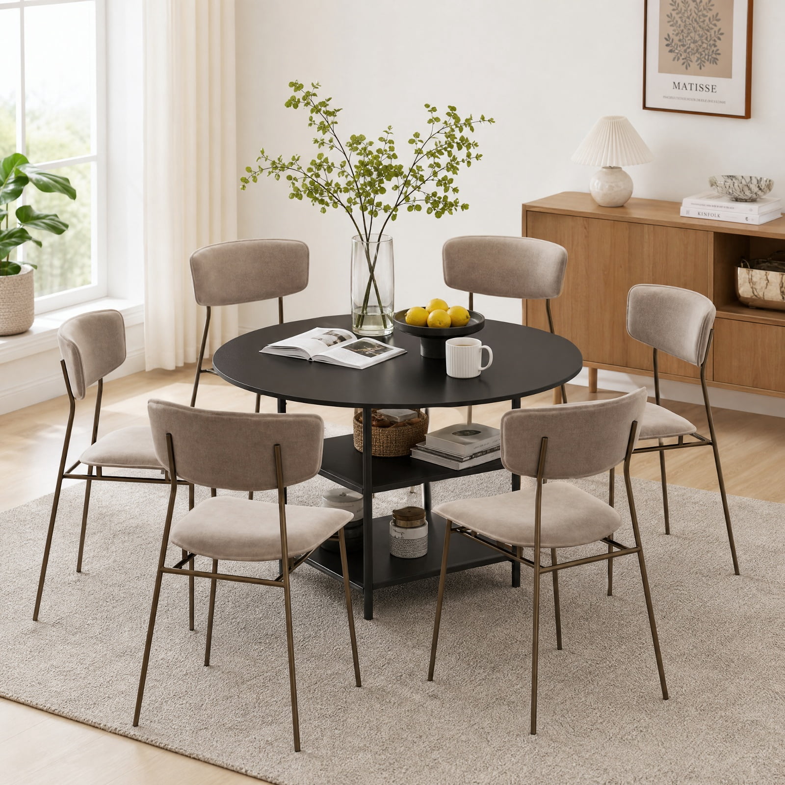 Furnibear 47 Inch Round Dining Table for 4 to 6 with 2 Tier Storage Shelves and Sturdy Metal Frame for Kitchen and Apartment, Black